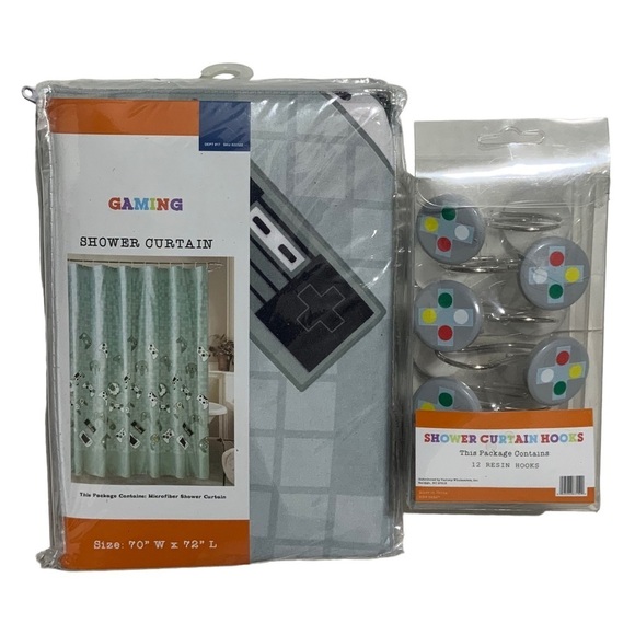 Gamer Shower Curtain Video Game Hook Set Fabric Curtain 70 X 72 Multi Grey Green - Picture 2 of 16